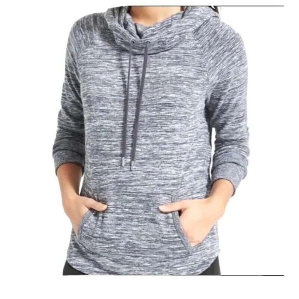 Athleta Techie Heather Grey Hoodie Women's Size Small kangaroo pocket Cowl Neck